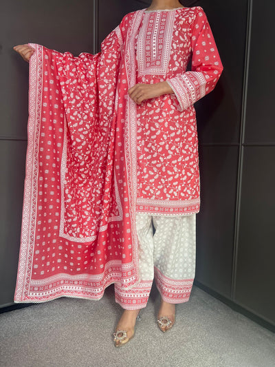 PEACH FARSHI SALWAR 3PC READYMADE SUIT  WITH LAWN DUPTTA