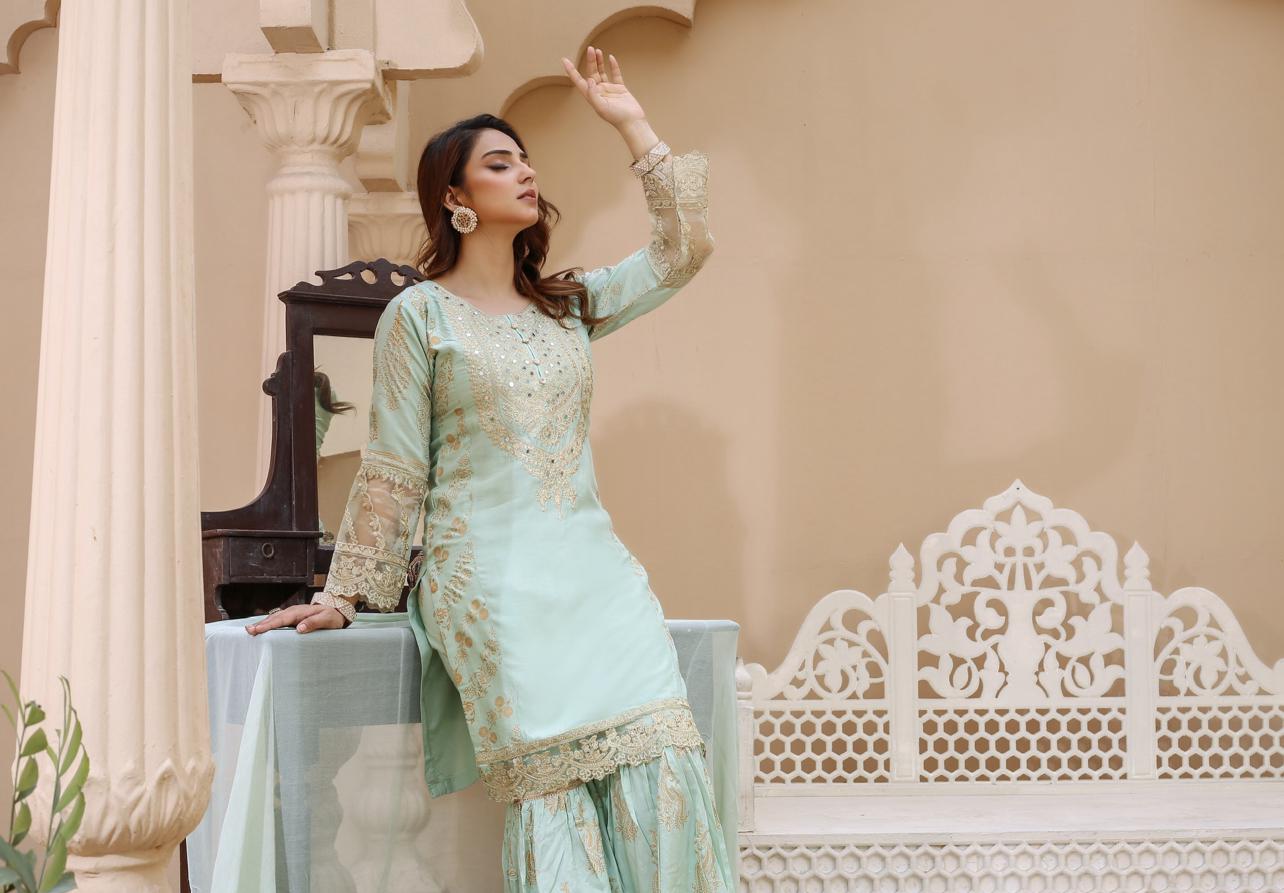 Embroidered Linen Sharara Suit With Chiffon Dupatta Pista D-182