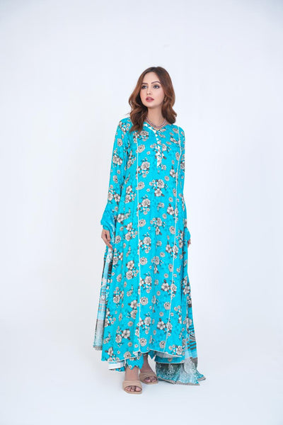 3 Pc Floral Printed Winter Linen Frock With Linen Dupatta D-308