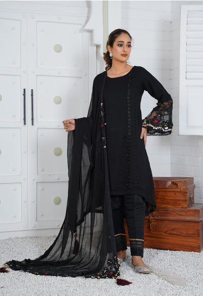 Chiffon Modern Styled Black Tail Frock D-77