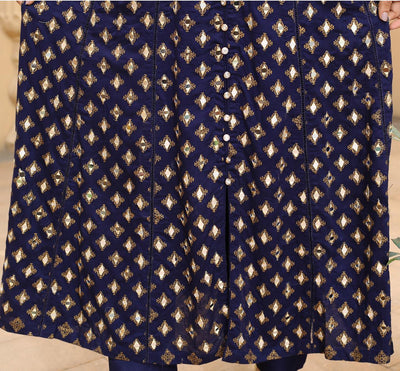 3 Pc Printed Linen Mirror Work Maxi Dress Blue D-1046