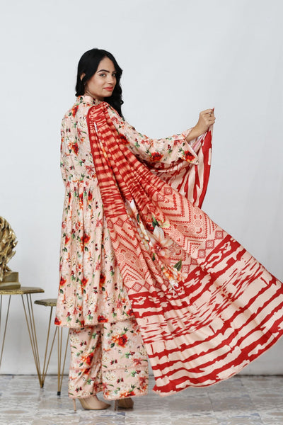 3 Pc Floral Printed Winter Linen Frock With Linen Dupatta D-703