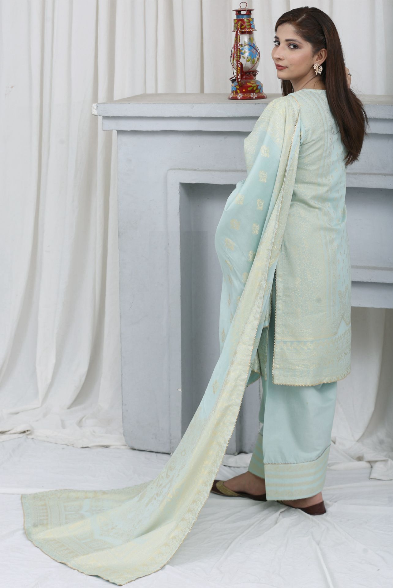 Mint FARSHI SHALWAR brosha Self Printed 3 Piece Outfit | Shop Latest Pakistani Salwar Suits | Pakistani Dresses at affordable prices in United Kingdom | Image 3 of 12