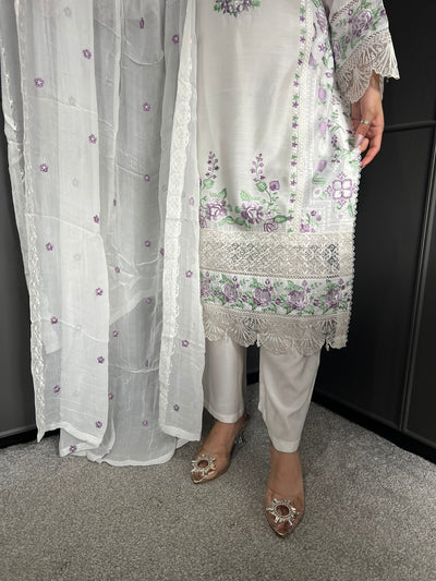Off White - Viscose Embroidered Plazzo | Suit With Embroidered | Chiffon Dupatta