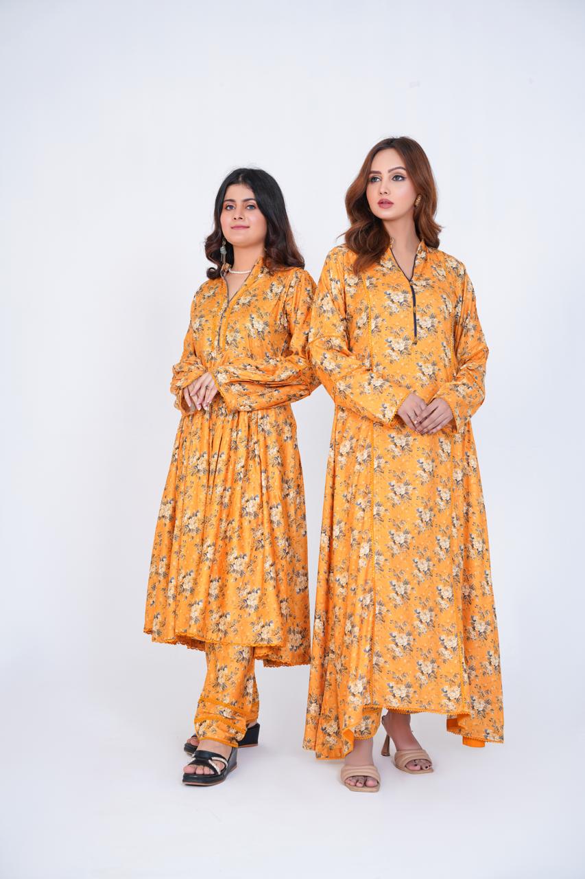 3 Pc Floral Printed Winter Linen Frock With Linen Dupatta D-311