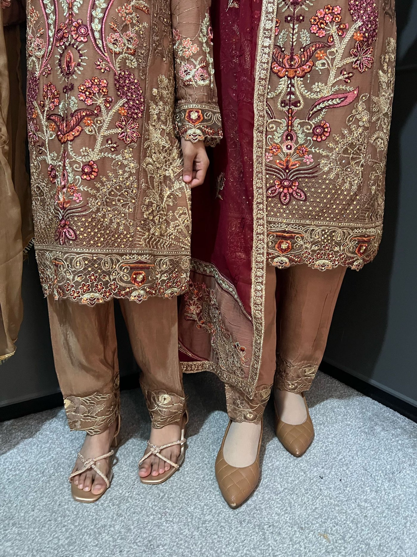 Brown Embroidered Chiffon Mother & Daughter Ready to Wear Collection - Perfect for Family Outfits