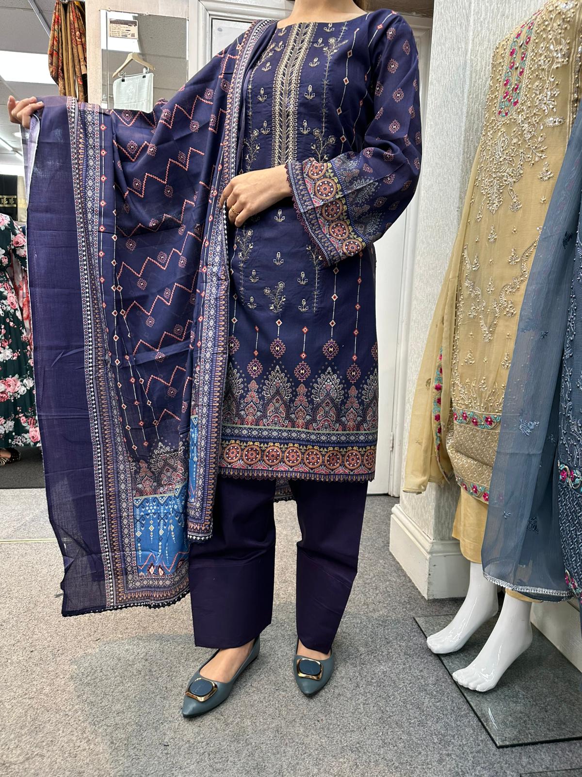 DESIGNER EMBROIDERED  FARSHI SALWAR  3PC READYMADE SUIT  WITH LAWN DUPTTA