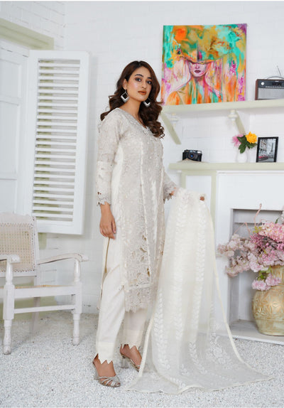 Premium Lawn 3 Piece Outfit With Printed Organza Dupatta Off-White D-9A