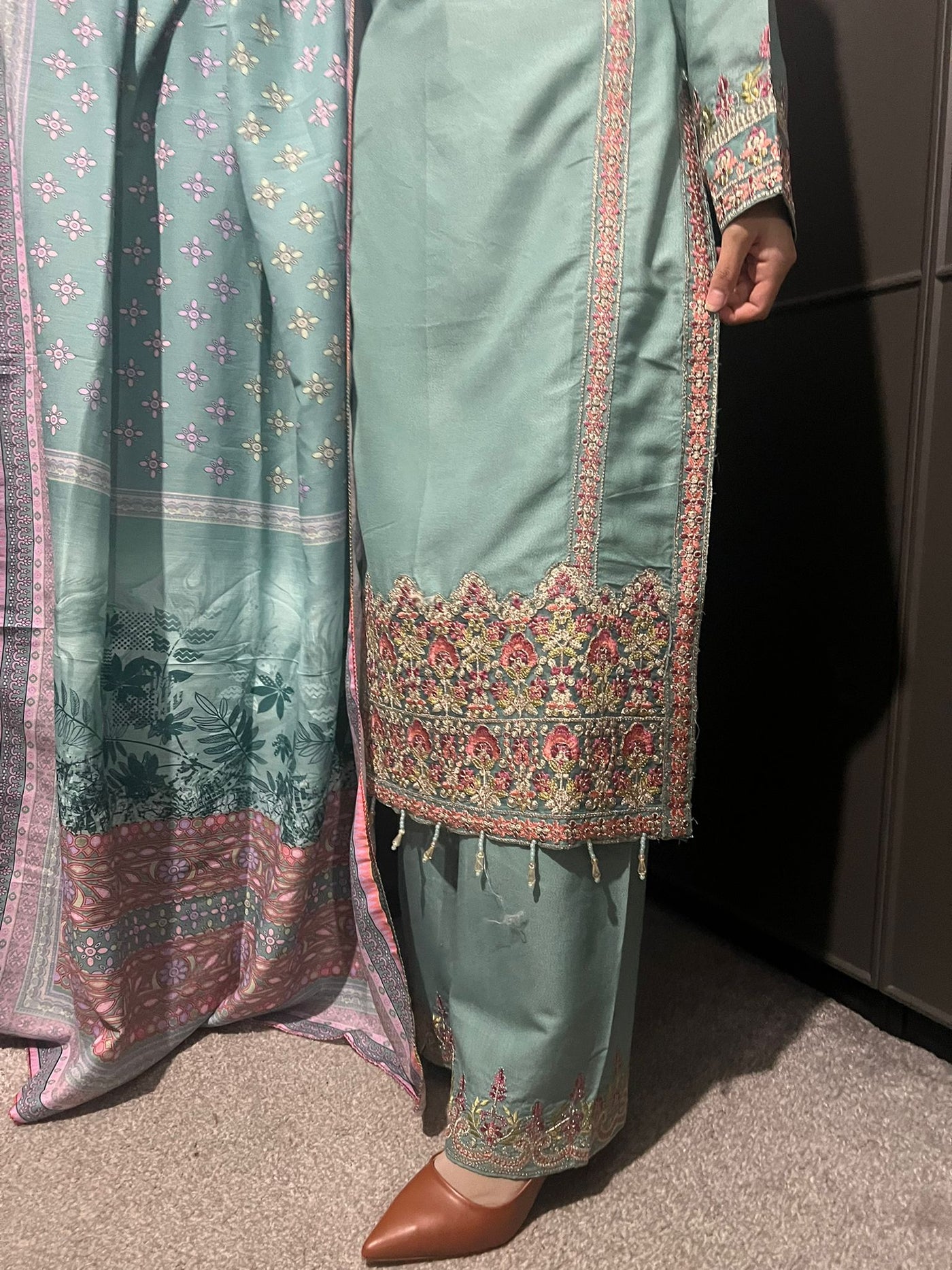 3 Pc Embroidered Dhanak Readymade Plazzo Suit with Winter shawl