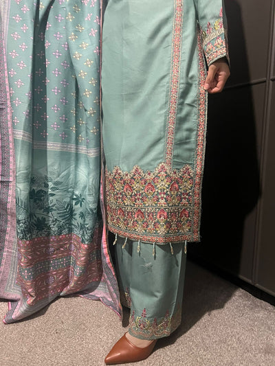 3 Pc Embroidered Dhanak Readymade Plazzo Suit with Winter shawl