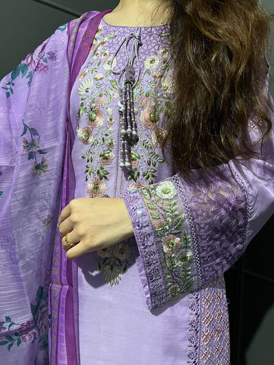 Lilac - Viscose Embroidered Plazzo | Suit With Embroidered | Organza Dupatta