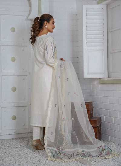 Premium Lawn 3 Piece Outfit With Embroidered Organza Dupatta White D-4112