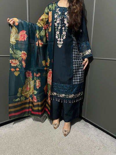 Blue - Viscose Embroidered Plazzo | Suit With Embroidered | Organza Dupatta