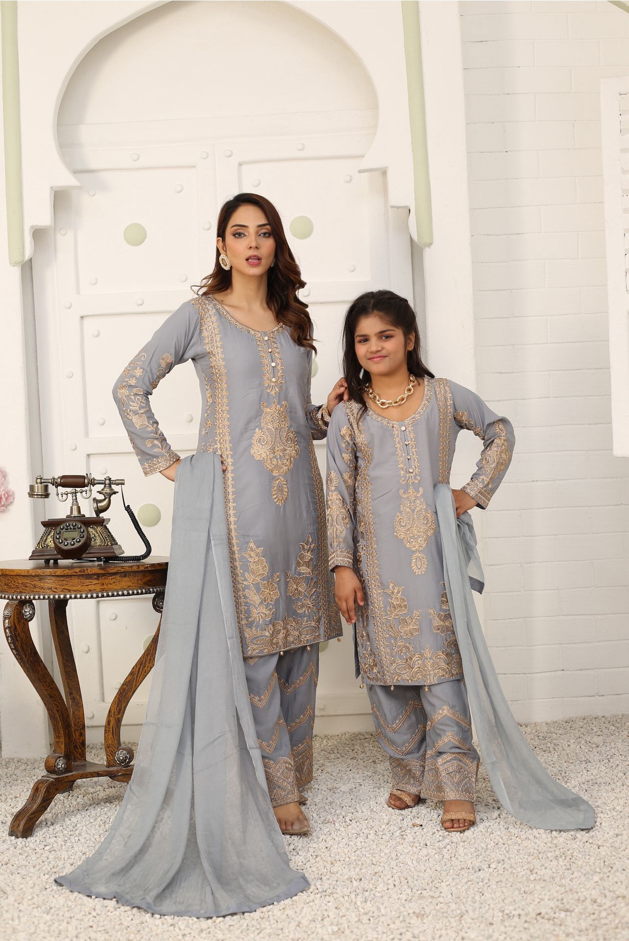 Embroidered Readymade Linen Mother & Daughter Suit Grey  TS-211 | Shop Pakistani Dresses