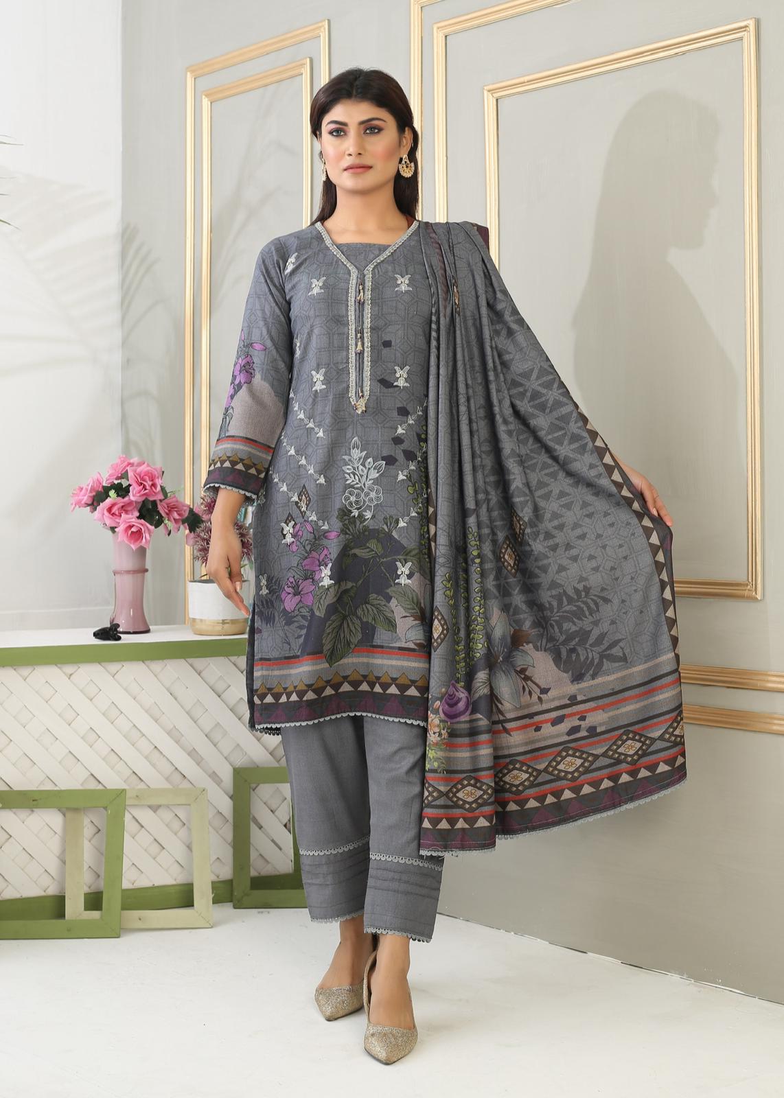 3 Piece Digital Winter Dhanak Embroidered Outfit TAS-2011