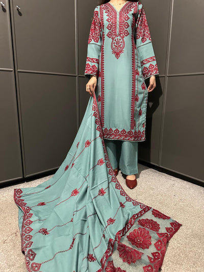 3 PIECE EMBROIDERED| DHANAK READY TO WEAR | SUIT WITH EMBROIDERED SHAWAL