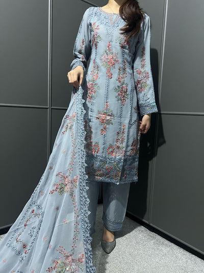 D-2 GRAY  3Pc Embroidered Chiffon Collection With Embroidered Chiffon Duptta