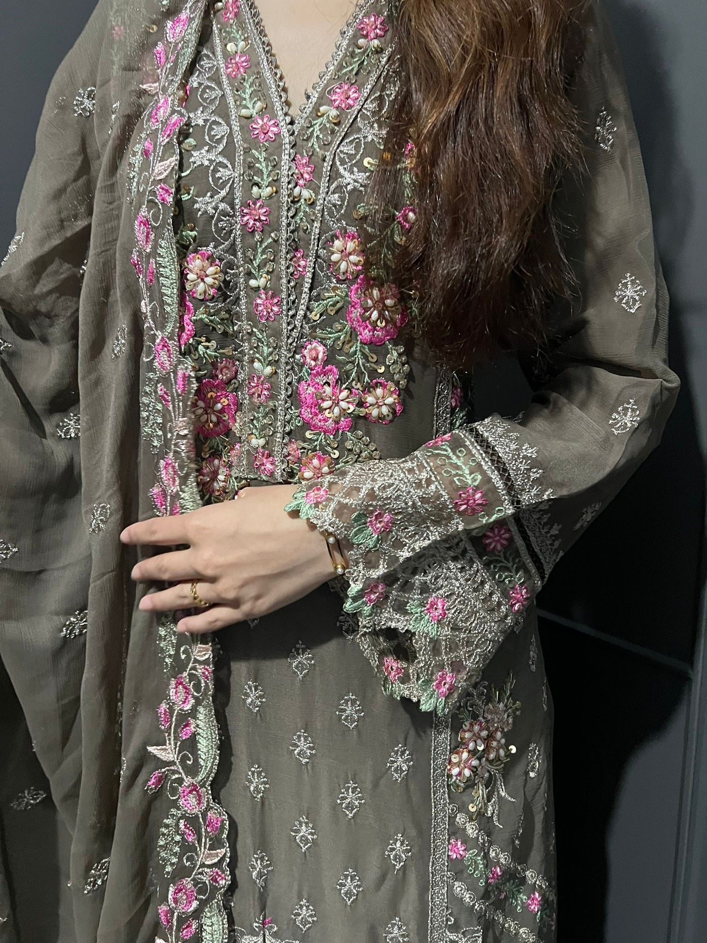 Beige 3Pc Plazzo Embroidered Chiffon Collection With Embroidered Chiffon Dupatta