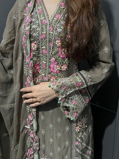 Beige 3Pc Plazzo Embroidered Chiffon Collection With Embroidered Chiffon Dupatta