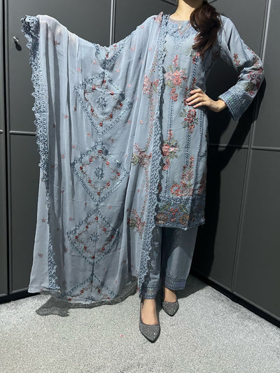 D-2 GRAY  3Pc Embroidered Chiffon Collection With Embroidered Chiffon Duptta