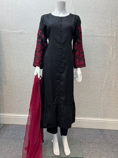 3 Pc Plain Linen Frock With Chiffon Dupatta Black D-514