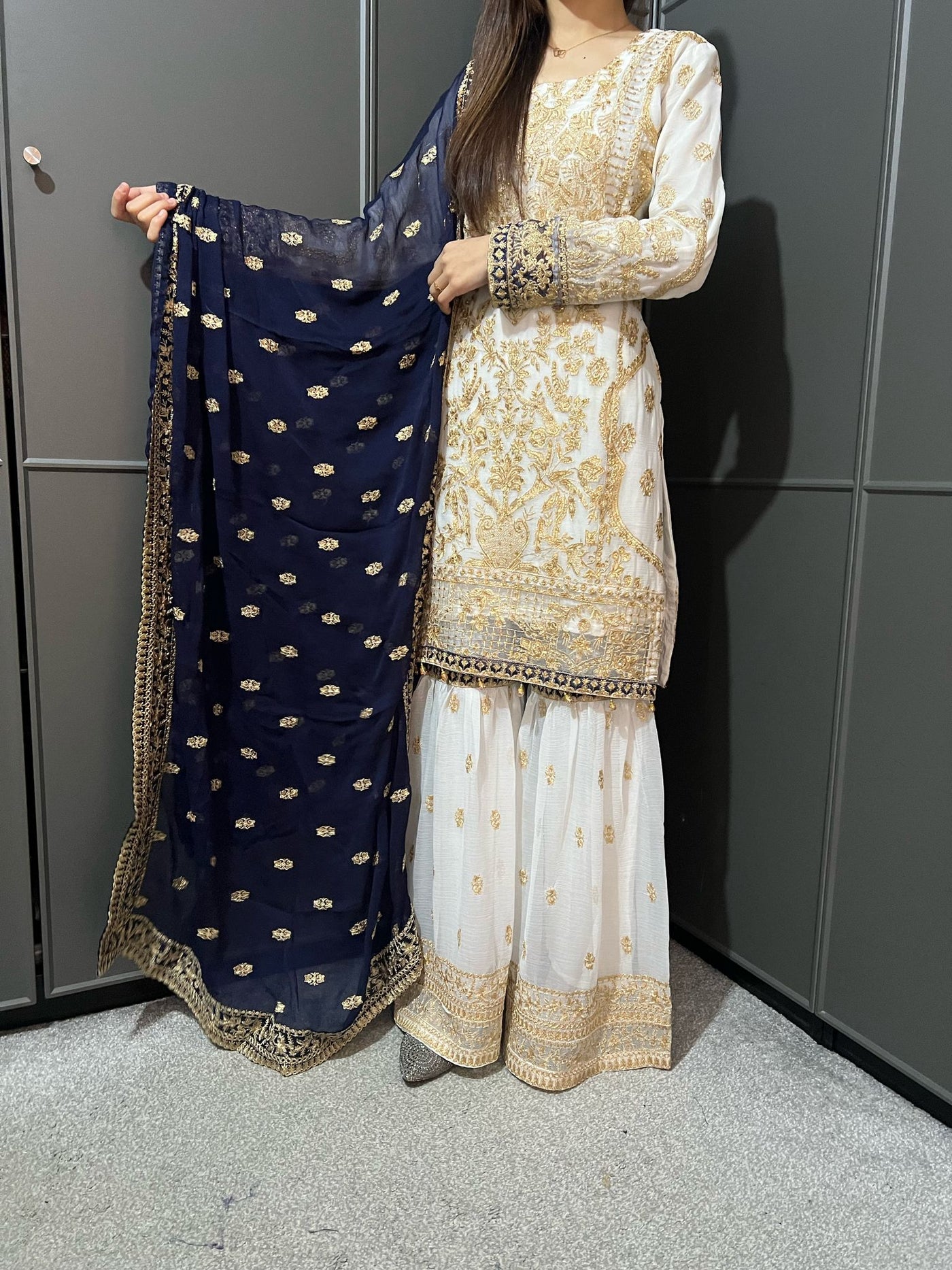 WHITE- Embroidered Gharara Chiffon Mother & Daughter Ready to Wear Collection - Perfect for Family