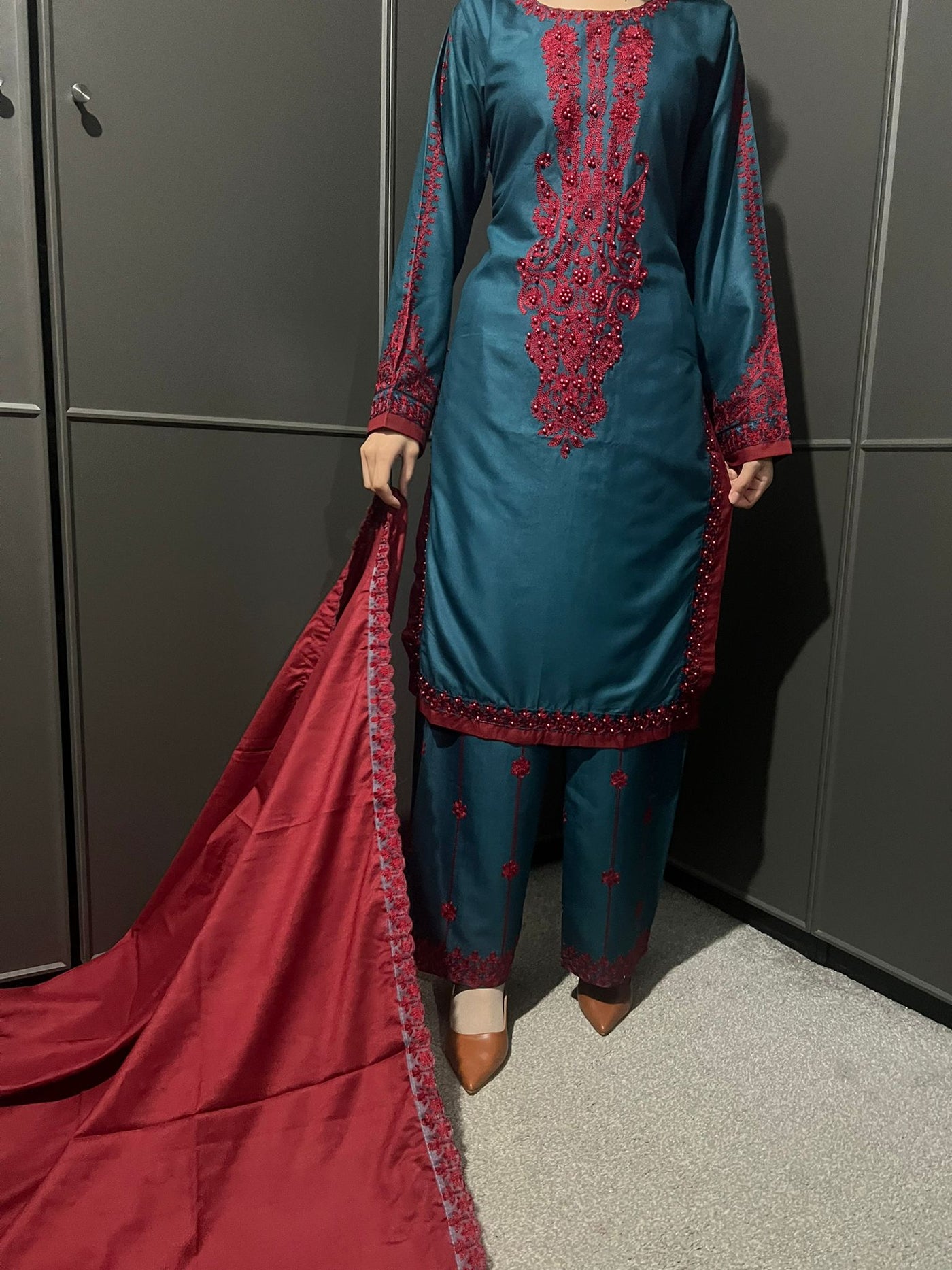 3 Pc Embroidered Dhanak Readymade Plazzo Suit with Winter shawl