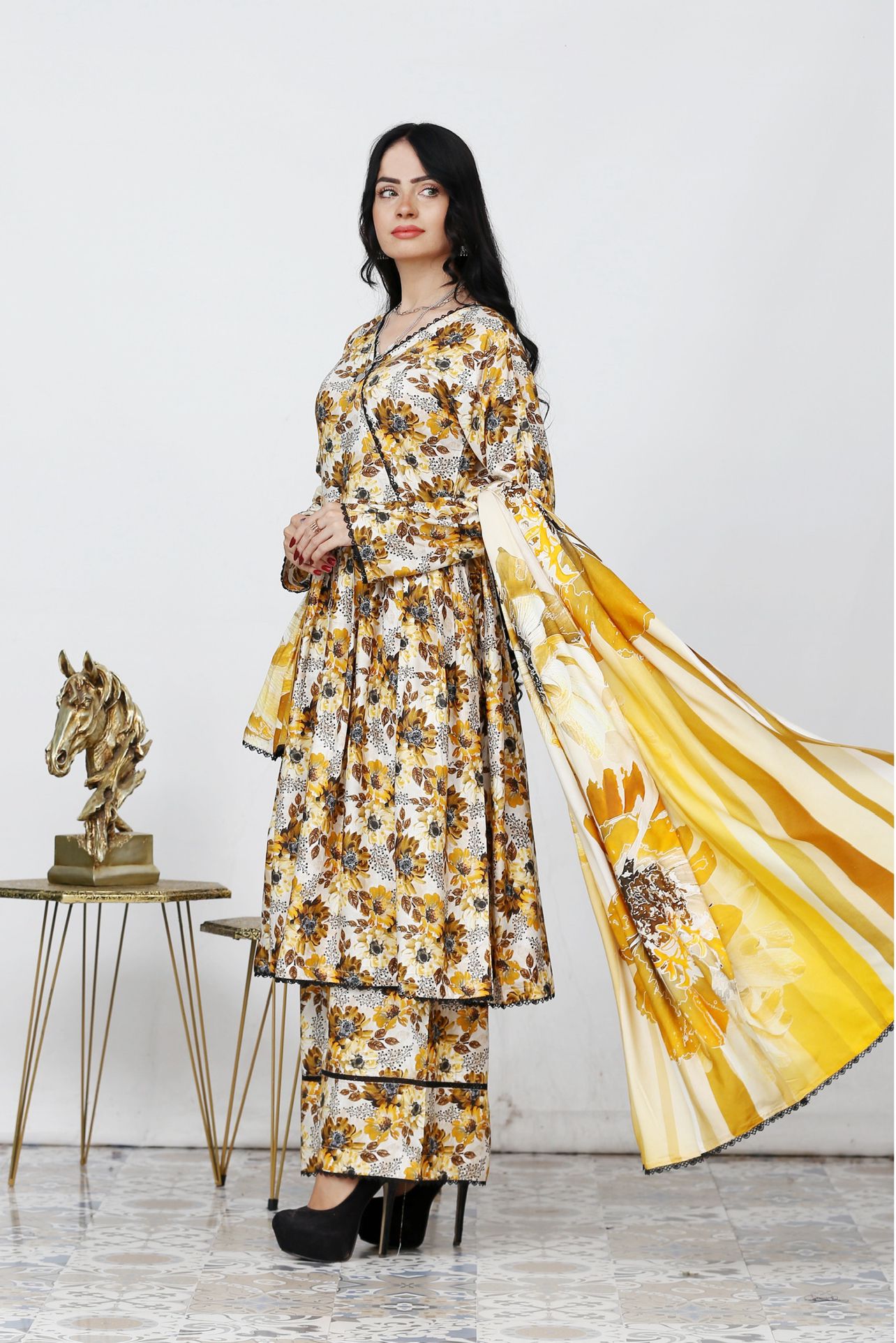 3 Pc Floral Printed Winter Linen Frock With Linen Dupatta D-704