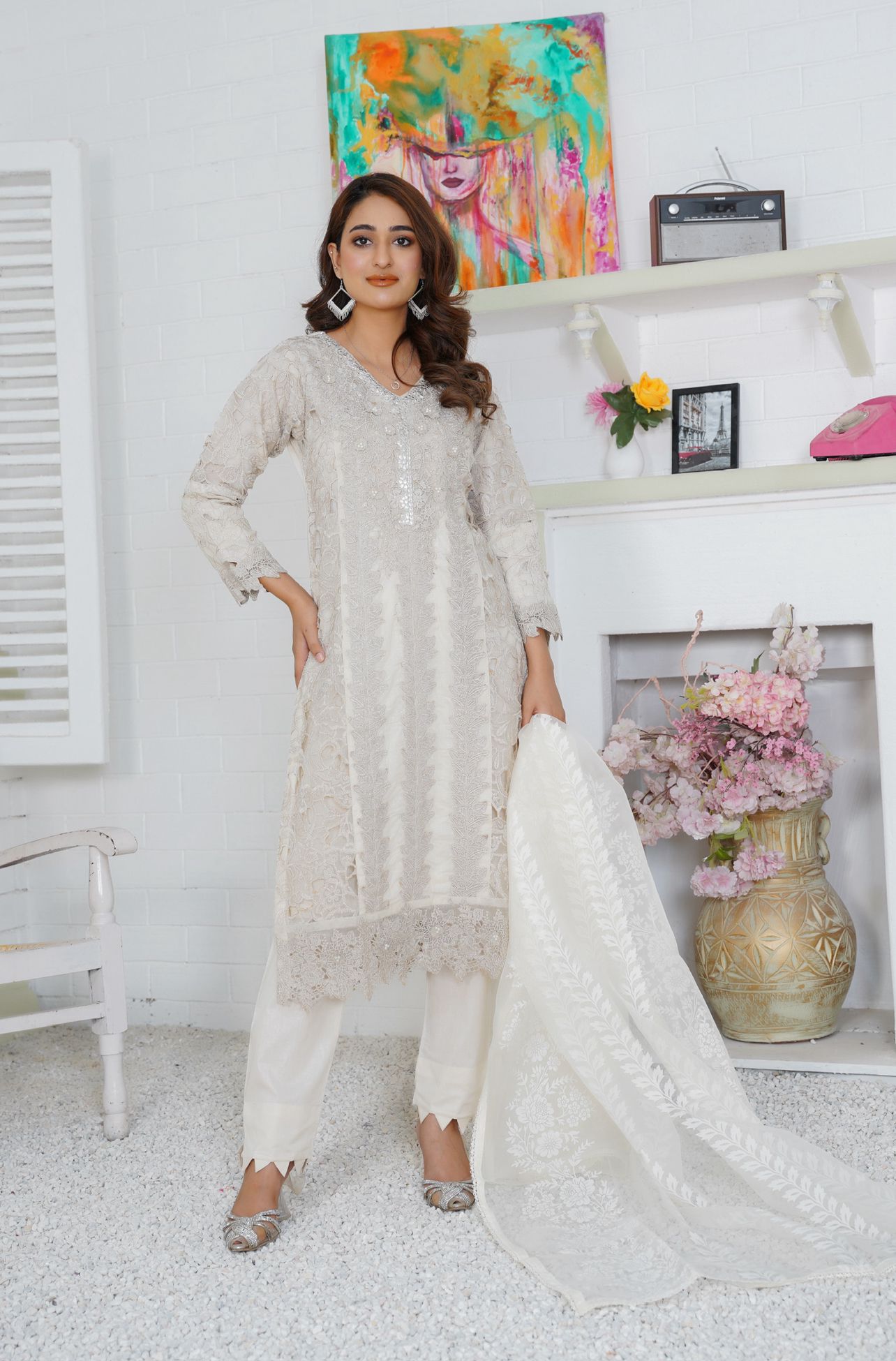 Premium Lawn 3 Piece Outfit With Printed Organza Dupatta Off-White D-9A