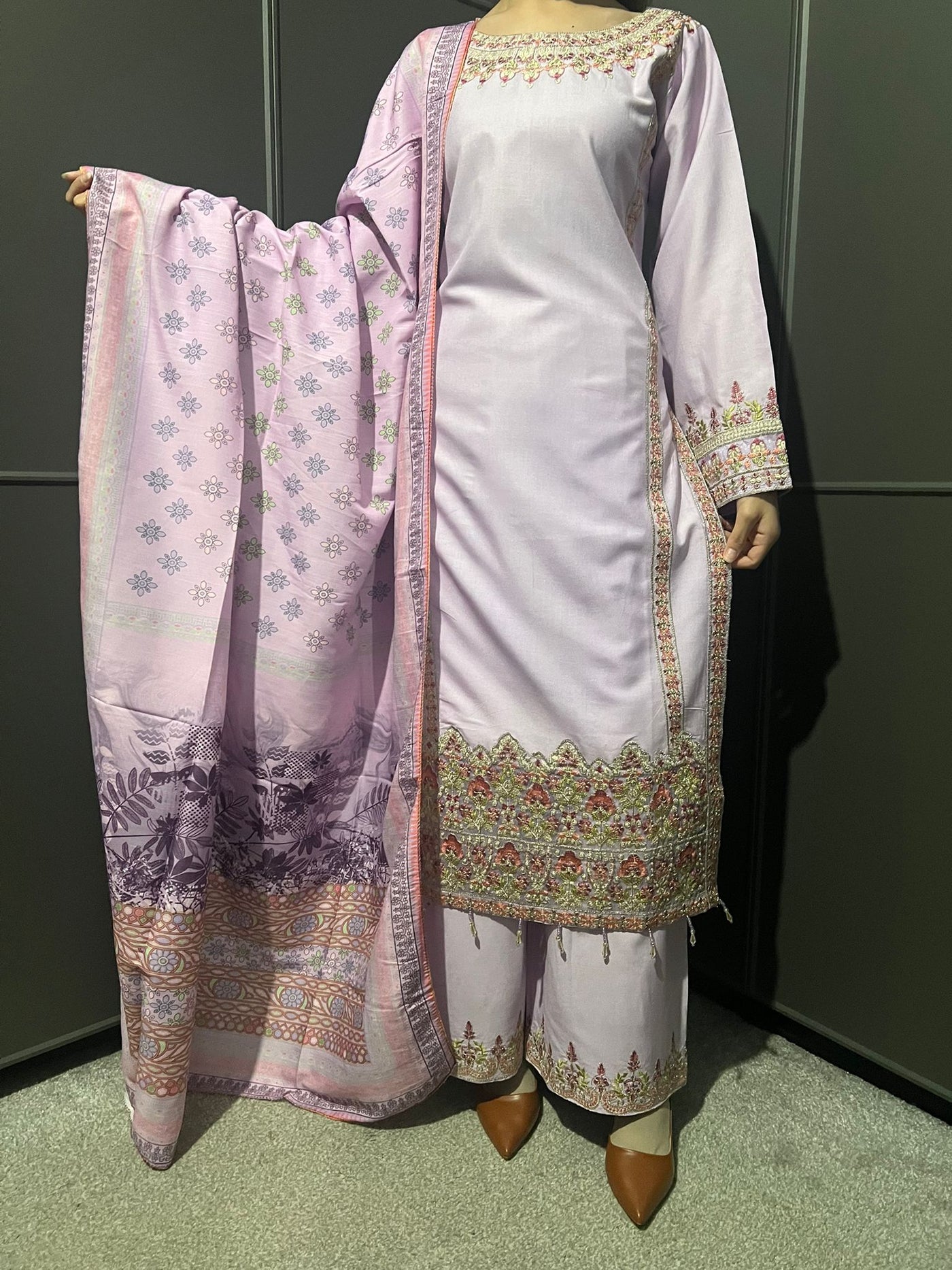 3 Pc Embroidered Dhanak Readymade Plazzo Suit with Winter shawl