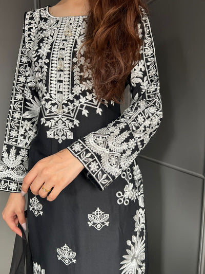 Black- FARSHI SHALWAR|Embroidered Linen 3 Piece |Outfit for Women - Asian Clothing