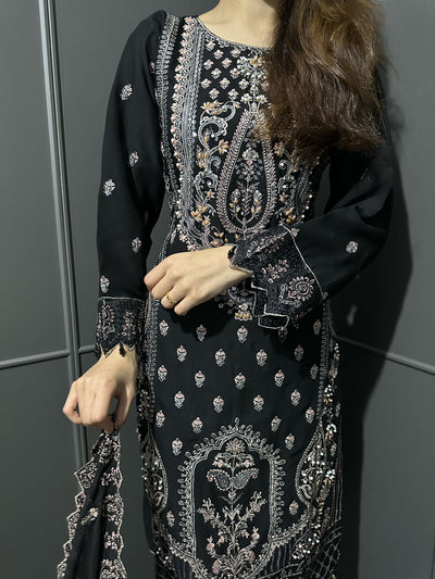 Black 3Pc Embroidered Chiffon Collection With Embroidered Chiffon Dupatta