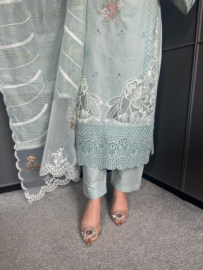 Embroidered Lawn Cotton Organza Suit with Organza Dupatta - Comfortable and Stylish