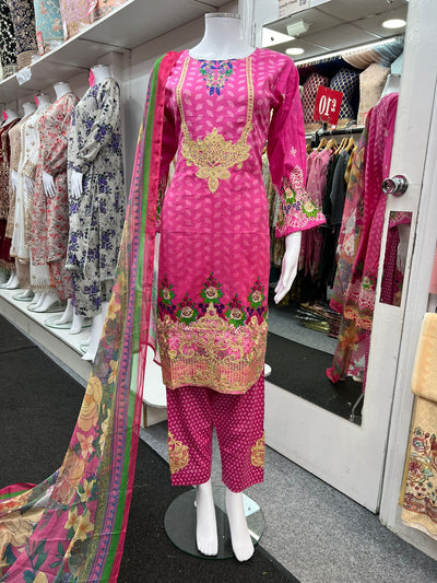 3Pc Lawn Designer Embroidered With Chiffon Dupatta D-790