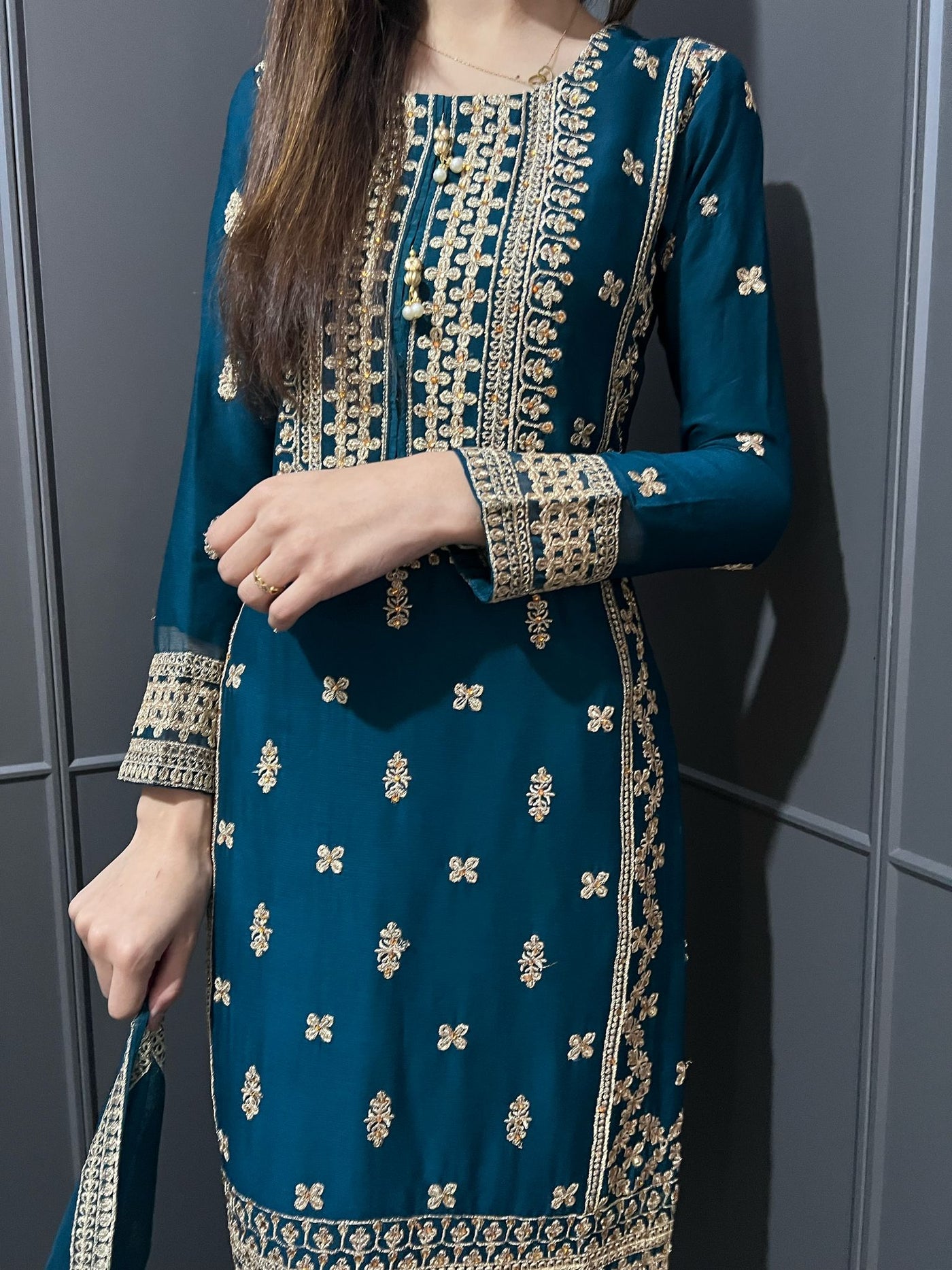 TEAL- Embroidered Gharara Chiffon Mother & Daughter Ready to Wear Collection - Perfect for Family