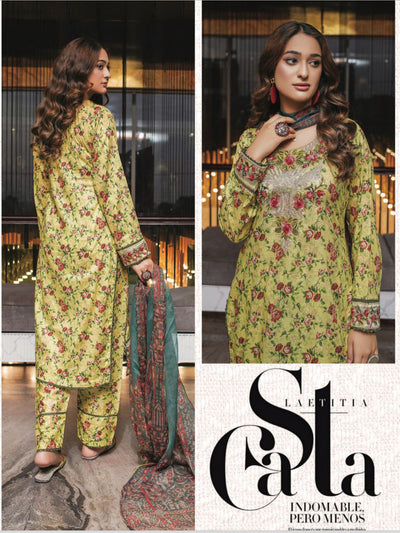 3 Pc Floral Printed Lawn Suit With Printed Chiffon Dupatta D-2