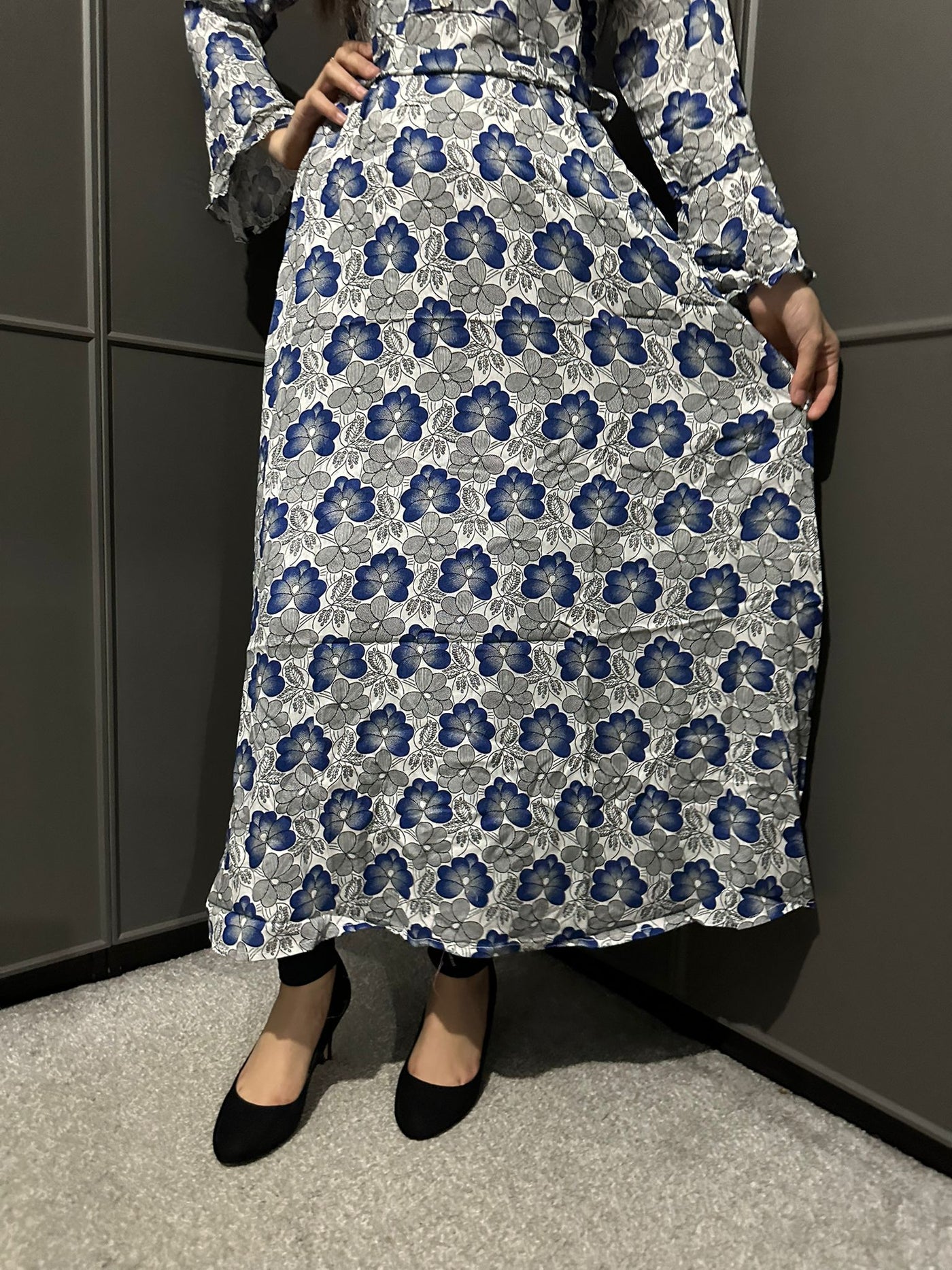 D-2 White&Blue Printed Long Dress in Linen Martial Fabric for Casual Wear - Womenswear