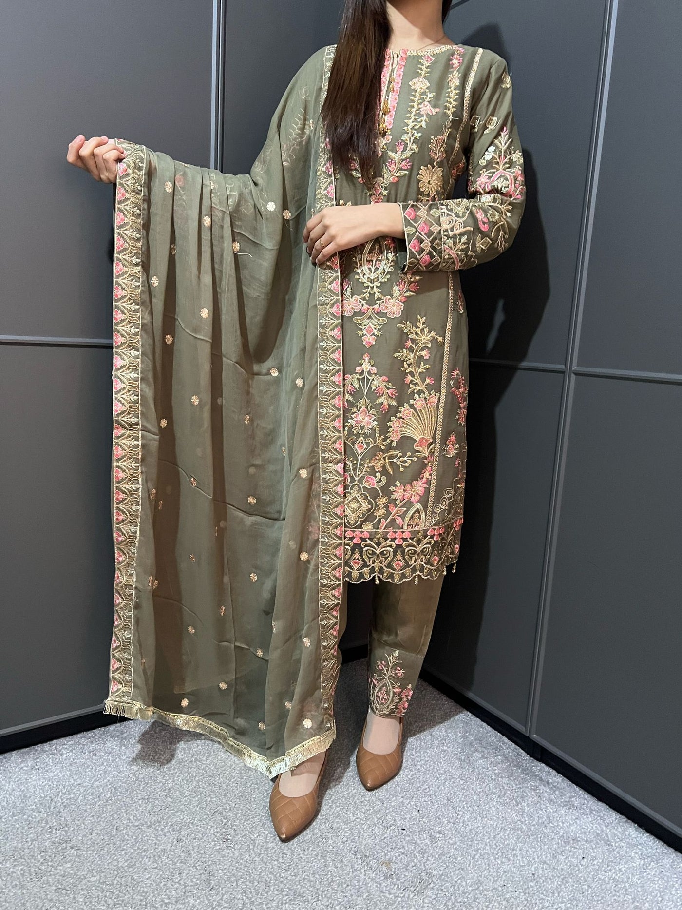 Olive Embroidered Chiffon Mother & Daughter Ready to Wear Collection - Perfect for Family Outfits