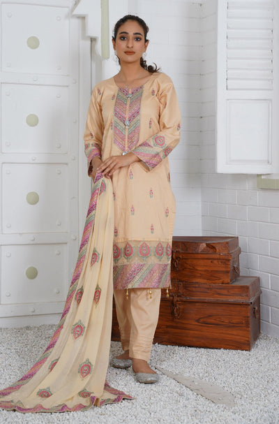 Premium Lawn 3 Piece Outfit With Embroidered Chiffon Dupatta Beige D-4086