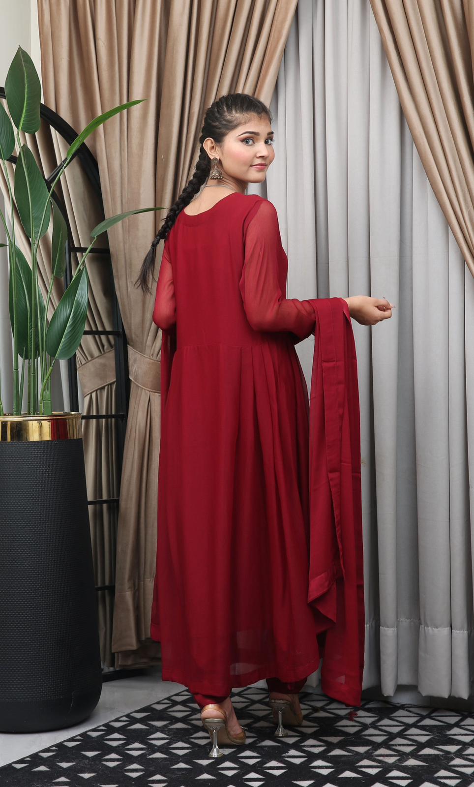 Maroon Readymade 3 Piece Plain Chiffon Maxi TS-823