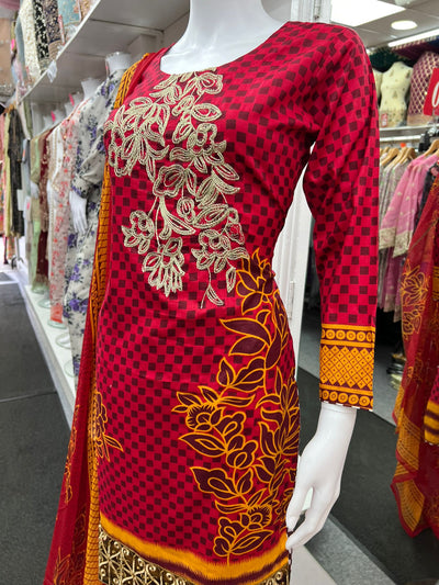 3Pc Lawn Designer Embroidered With Chiffon Dupatta D-766