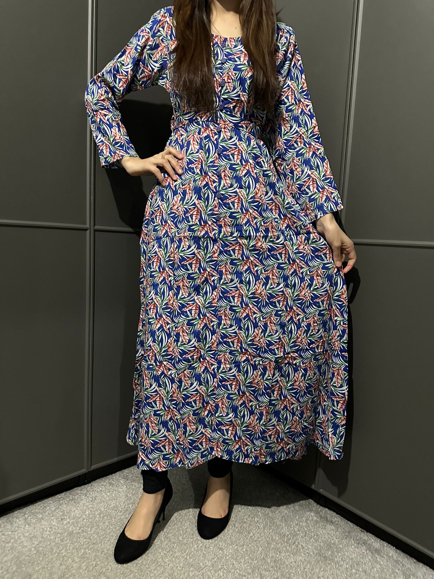 D-13 Blue&Green Printed Long Dress in Linen Martial Fabric for Casual Wear - Womenswear