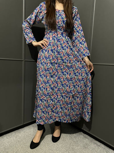 D-13 Blue&Green Printed Long Dress in Linen Martial Fabric for Casual Wear - Womenswear