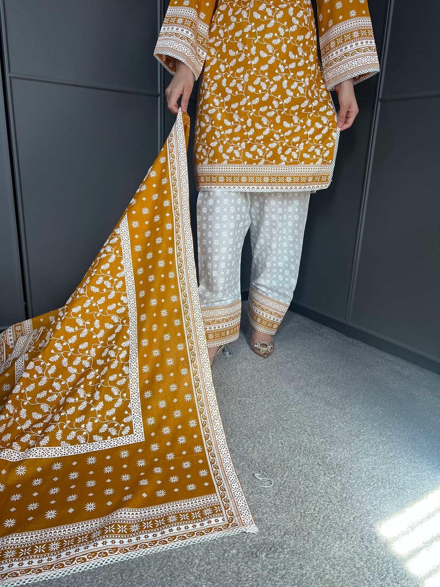 MUSTARD FARSHI SALWAR 3PC READYMADE SUIT  WITH LAWN DUPTTA