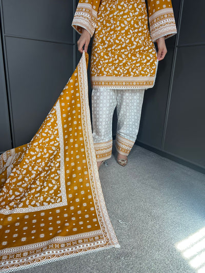MUSTARD FARSHI SALWAR 3PC READYMADE SUIT  WITH LAWN DUPTTA
