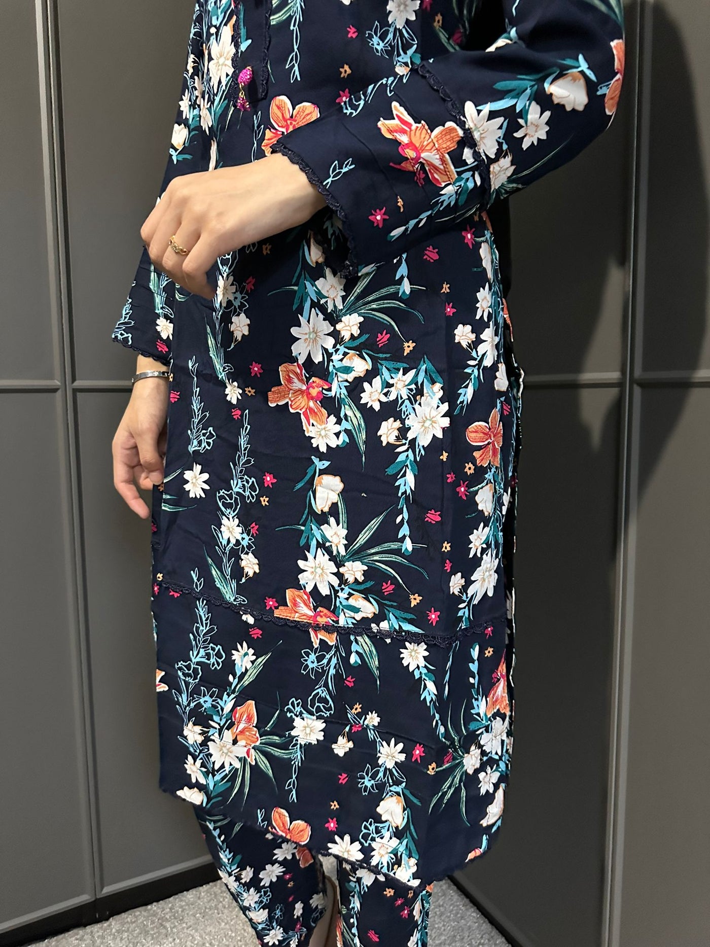 Floral Printed Stone Linen Suit - Trouser 2 Pc Set