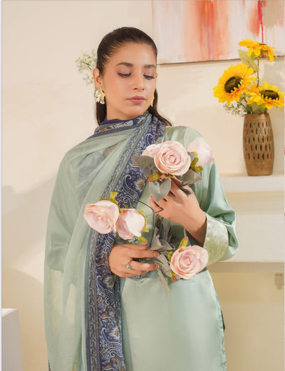 FARSHI SHALWAR Plain Silk 3 Piece Outfit With Printed Chiffon | Desing Number Two | Buy Latest Pakistani Suits Online | Image 4 of 5