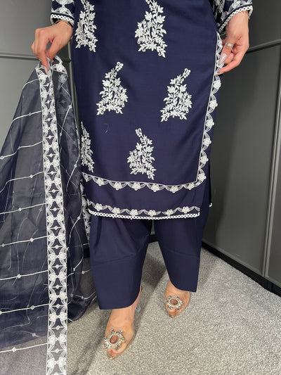 Blue- FARSHI SHALWAR|Embroidered Linen 3 Piece |Outfit for Women - Asian Clothing