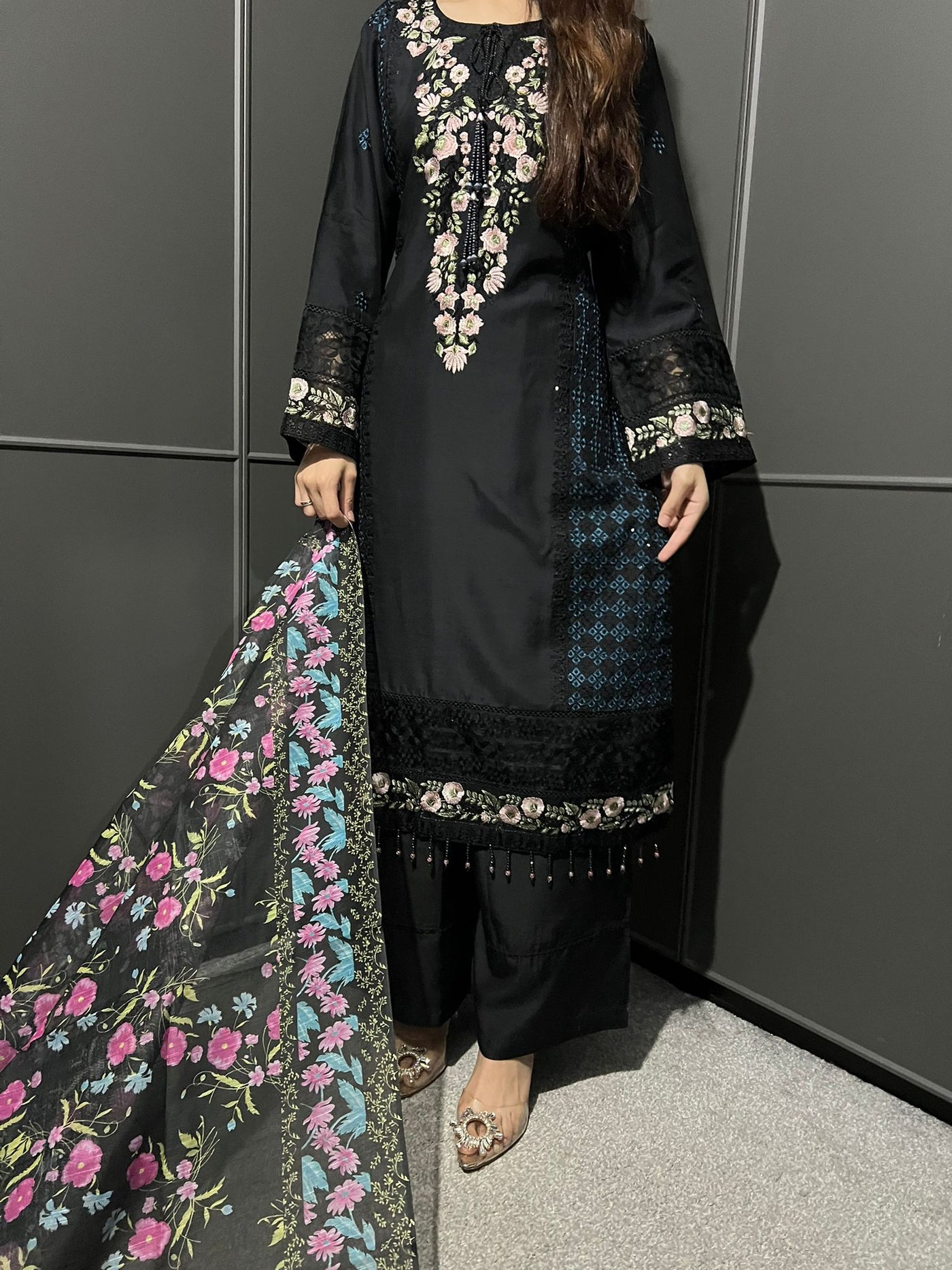 Black - Viscose Embroidered Plazzo | Suit With Embroidered | Organza Dupatta