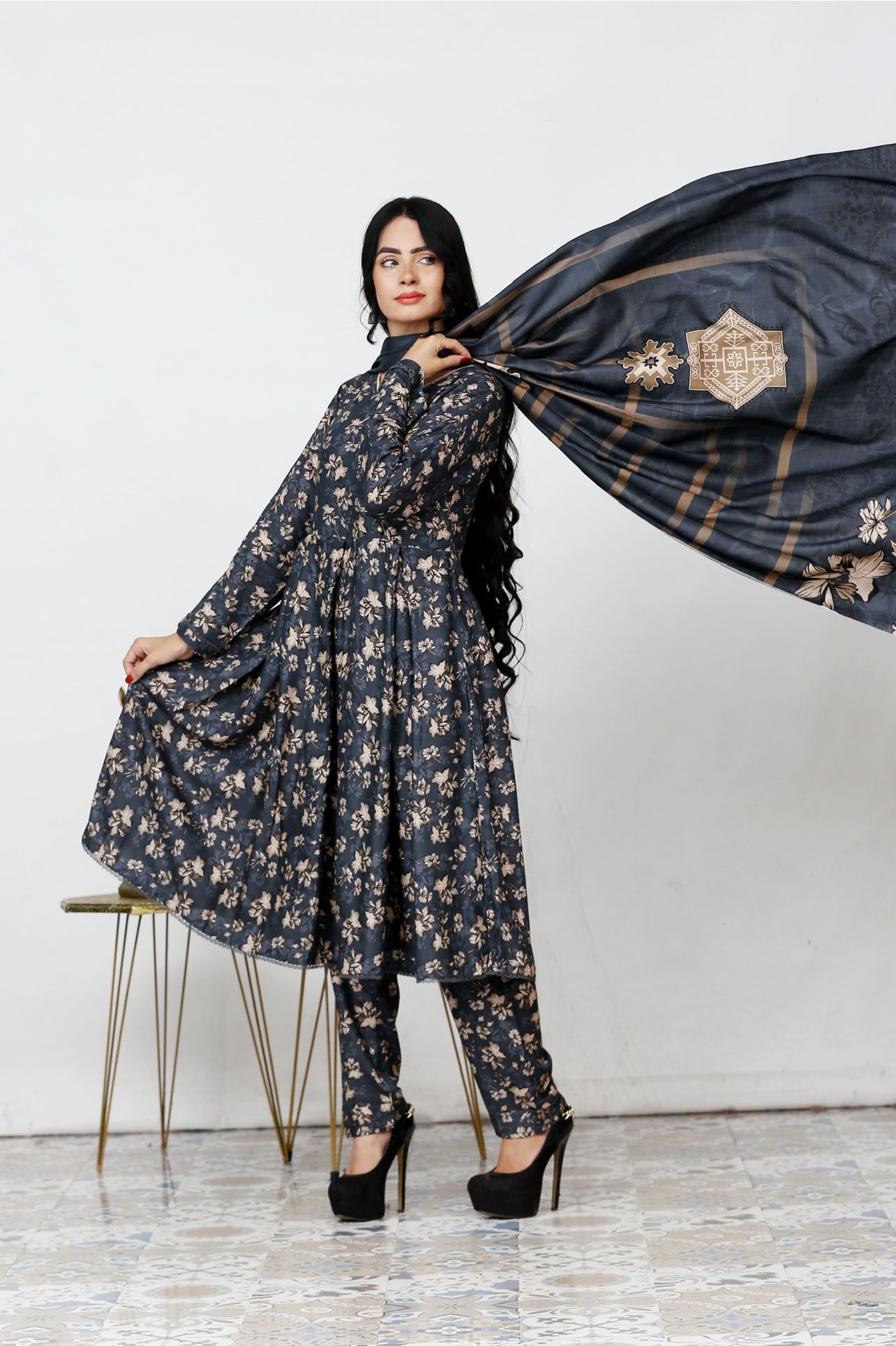 3 Pc Floral Printed Winter Linen Frock With Linen Dupatta D-701